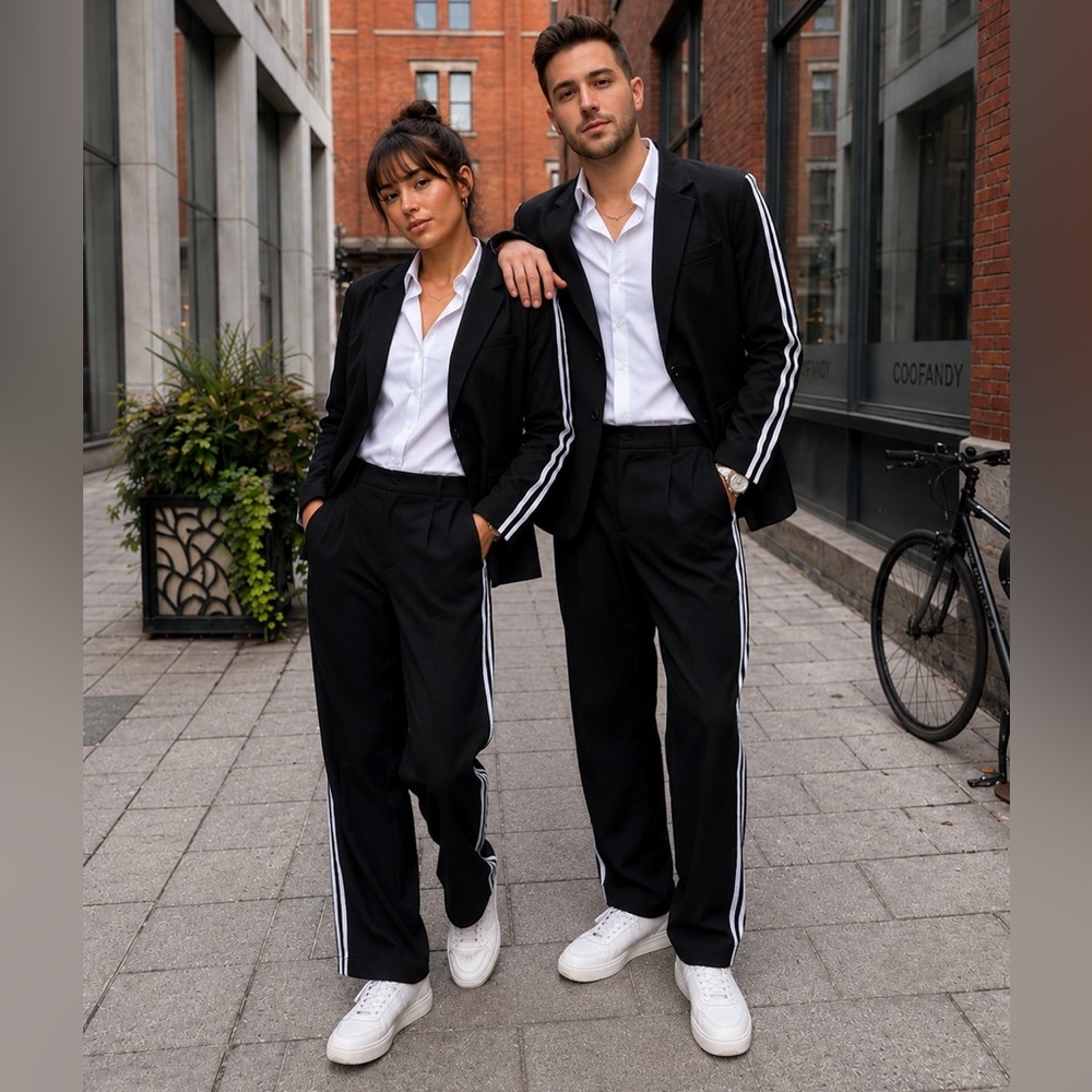 COOFANDY Unisex Black 2-Piece Suit with Side Stripes size large